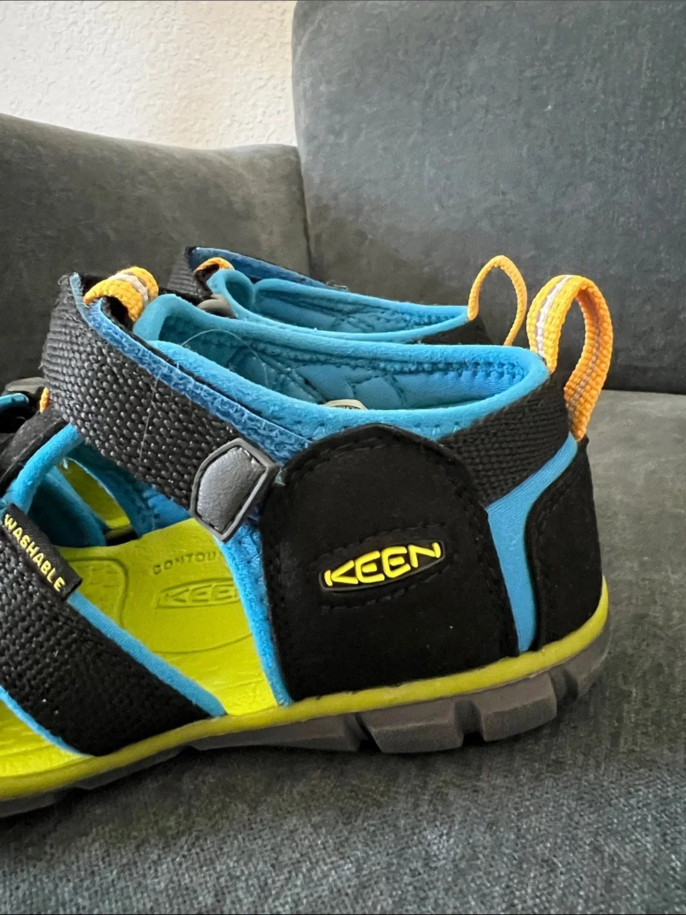 Keen Kids Black and Blue Sport Sandals with Yellow Accents